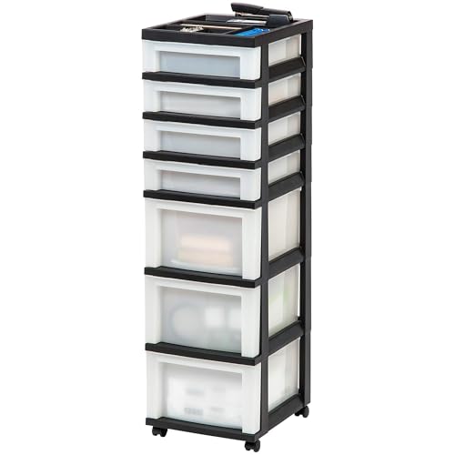 2 Pack 7 Drawer Plastic Storage Rolling Organizer Cart with Caster Wheels for Laundry Room (Black / 7 Drawer with Wheels - 2 Pack)