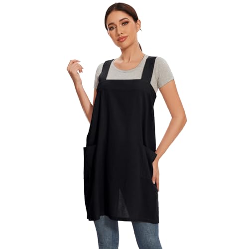 Women Apron with 2 Pockets Cotton Linen Kitchen Baking Cooking Chef Cross Back Pinafore Dress for Work Restaurant Gardening (Large / Black)