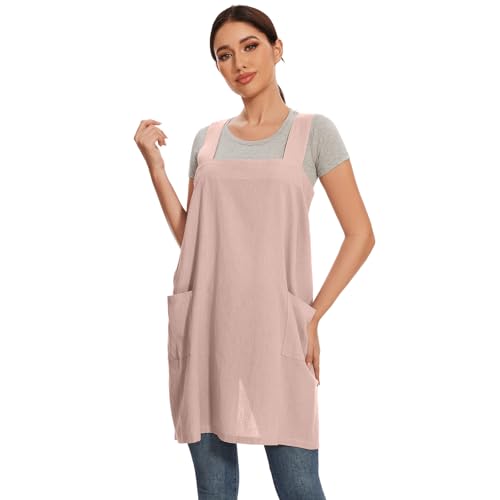 Women Cotton Linen Apron with 2 Pockets Kitchen Baking Cooking Chef Cross Back Pinafore Dress for Work Restaurant Gardening (X-Large / Pink)