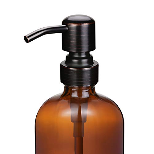 2 Pack 16 Ounce Boston Round Glass Bottles Soap Dispenser with Oil Rubbed Bronze Stainless Steel Pumps (Black and Clear)