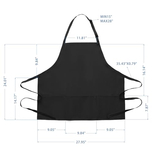 Kitchen Cooking Apron Unisex Adjustable chef apron with 3 pockets (02 Pack Long Black)