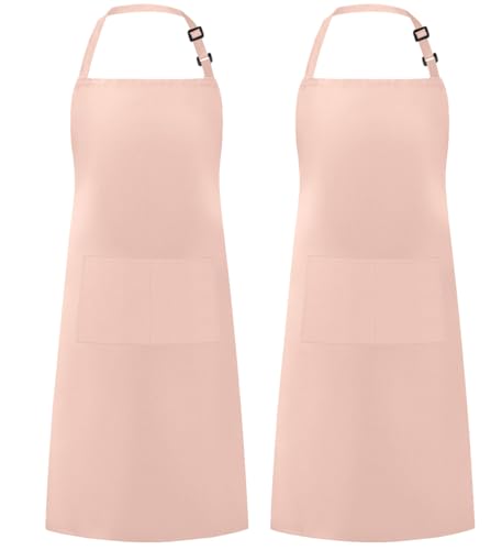 2 Pack Adjustable Bib Apron Waterdrop Resistant with 2 Pockets Cooking Kitchen Aprons for Women Men Chef (Nude Pink / 2 Polyester)