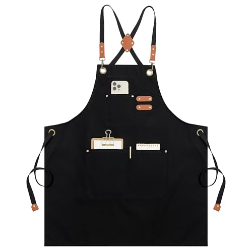 Chef Apron for Men Women Kitchen Cooking Apron with Pockets (Black Canvas)
