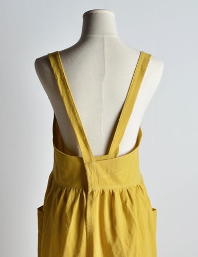 Cotton Cross Back Kitchen Cooking Aprons for Women with Pockets Cute for Baking Gardening Cleaning Without Waist Ties (Oatmeal-b)