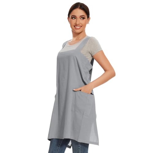 Women Apron with 2 Pockets Cotton Linen Kitchen Baking Cooking Chef Cross Back Pinafore Dress for Work Restaurant Gardening (XX-Large / Light Grey)