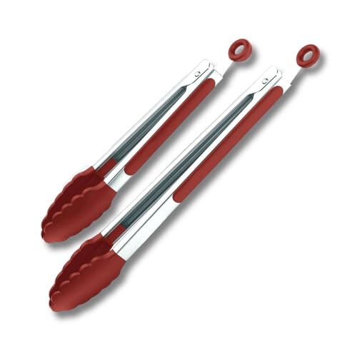 Red Stainless Steel Tongs Heat Resistant Kitchen Tongs Set (Red / 9" & 12" inch)