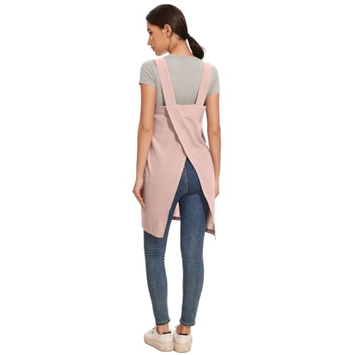 Women Cotton Linen Apron with 2 Pockets Kitchen Baking Cooking Chef Cross Back Pinafore Dress for Work Restaurant Gardening (Small / Pink)