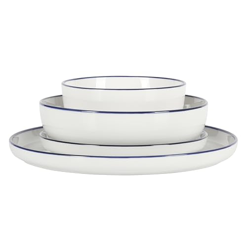 Oslo 16 Piece Porcelain Ceramic Chip & Scratch Resistant Dishes (White w/ Blue Rim (Oslo) / Service for 4 (16pcs))