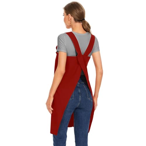 Women's Cotton Cross Back Apron Pinafore Dress with Big Pockets Loose Square Apron for Baking Cooking Gardening (Red / Small)