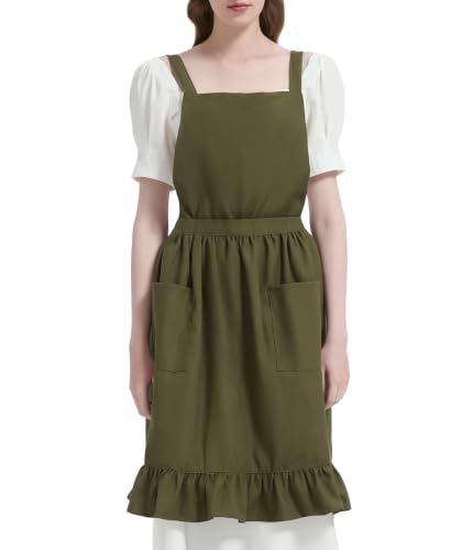Vintage Aprons for Women with Pockets Cute Pinafore Apron Dress for Kitchen Cooking Baking Gardening (Dark Olive Green)