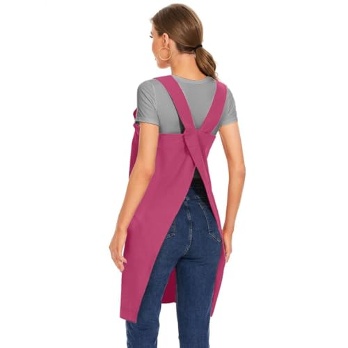 Women's Cotton Cross Back Apron Pinafore Dress with Big Pockets Loose Square Apron for Baking Cooking Gardening (Rose Red / Medium)