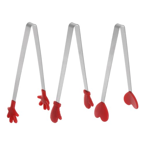 Mini Food Tongs 5.5" Pattern Shape Stainless Steel with Silicon Tips Small Cooking Tongs Kitchen Food Tongs Serving Tongs for Cooking Grilling BBQ Barbecue Kitchen (Red)