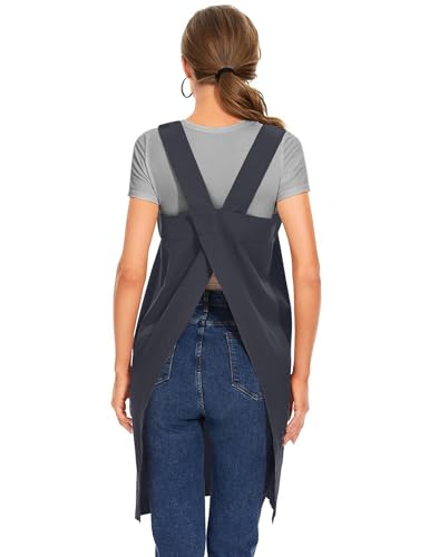 Women's Cotton Cross Back Apron Pinafore Dress with Big Pockets Loose Square Apron for Baking Cooking Gardening (Dark Grey / Large)