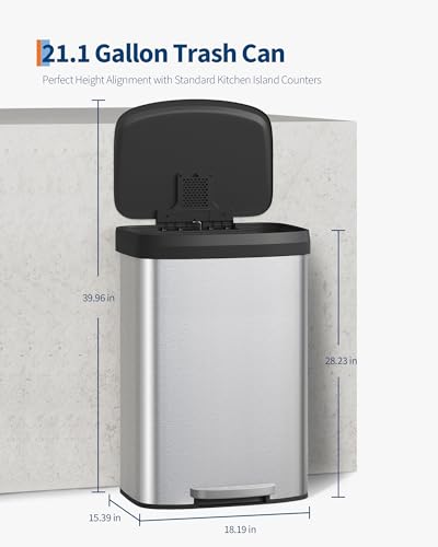 21 gal 80 L Stainless Steel Trash Can with Lid (Silver / 21.1 Gallons)