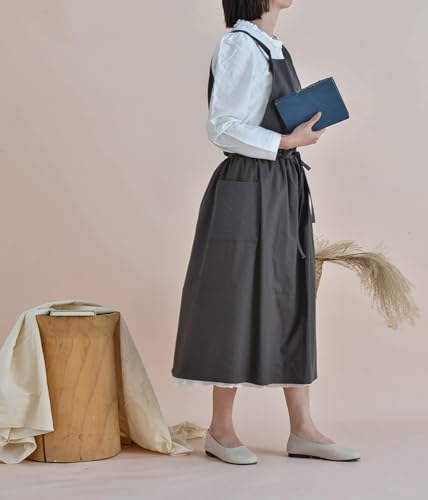 Japanese Cotton Linen Cross Back Work Apron for Women with Pockets Pinafore Dress Smock (01-dark Grey)