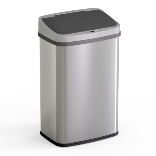 DZT-50-28BR Automatic Touchless Motion Sensor Rectangular Trash Can, Black Top, 13 Gal. 49 L., Brush (Silver & Black)