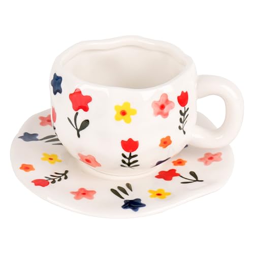 Floral Ceramic Coffee Mug with Saucer (White)