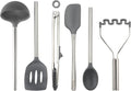 Silicone Cooking Utensil Set of 6 Stainless Steel Handle Ladle Slotted Turner Tongs Flex Core Spatula Scraper Mixing Spoon & Potato Masher (Charcoal)
