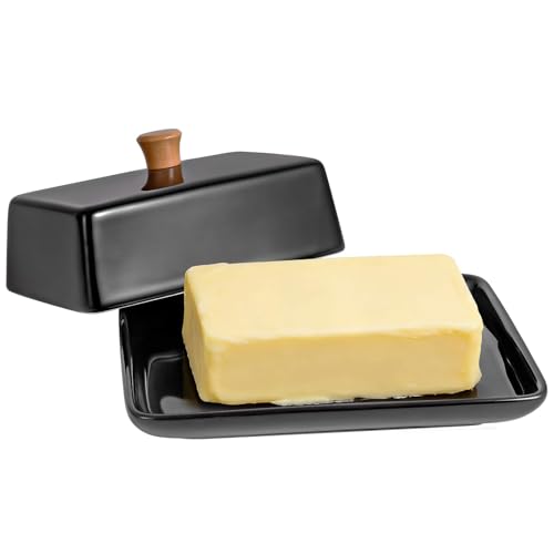 Ceramic Black European Butter Dish with Lid for Countertop (Black / 7 Inch)