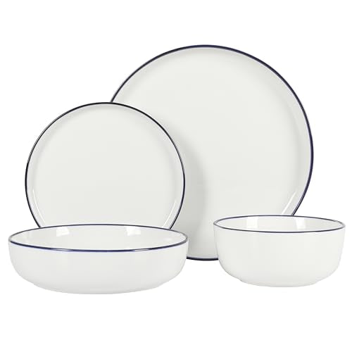 Oslo 16 Piece Porcelain Ceramic Chip & Scratch Resistant Dishes (White w/ Blue Rim (Oslo) / Service for 4 (16pcs))