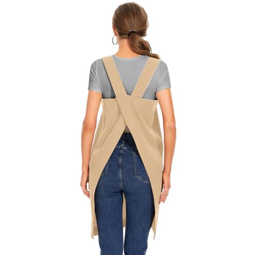 Women's Cotton Cross Back Apron Pinafore Dress with Big Pockets Loose Square Apron for Baking Cooking Gardening (Apricot / Medium)