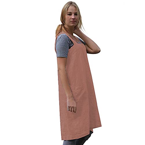 Women's Pinafore Square Apron Baking Cooking Gardening Works Cross Back Cotton (Large / Y-salmon Pink)