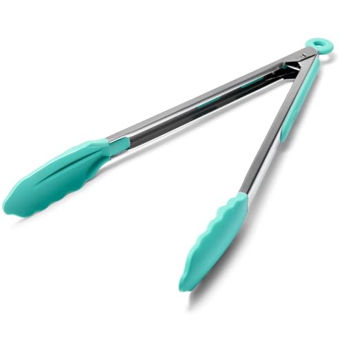 Kitchen Tongs with Silicone Tips for Cooking Serving (12in / Aqua Sky)