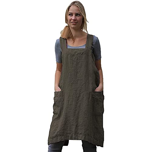 Women's Cross Back Pinafore Apron with Large Pockets Home Kitchen (3X-Large / Army Green)