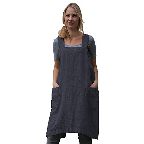 Women's Cross Back Pinafore Apron with Large Pockets Home Kitchen (3X-Large / Dark Gray)