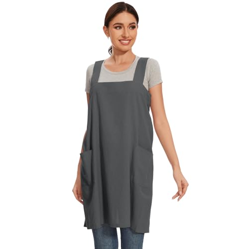 Women Apron with 2 Pockets Cotton Linen Kitchen Baking Cooking Chef Cross Back Pinafore Dress for Work Restaurant Gardening (X-Large / Dark Grey)