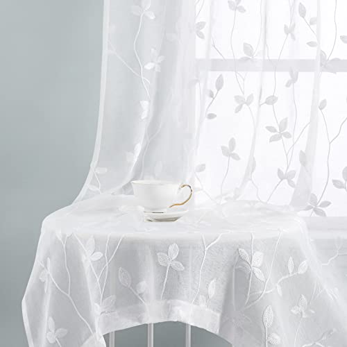 White Sheer Curtains Vine Embroidered (52"W x 63"L (Pack of 2) / Vine White)