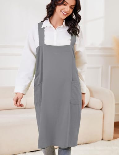 Women's Cotton Cross Back Pinafore with Big Pockets Practical Aprons for Gardening Works (3X-Large / Grey)