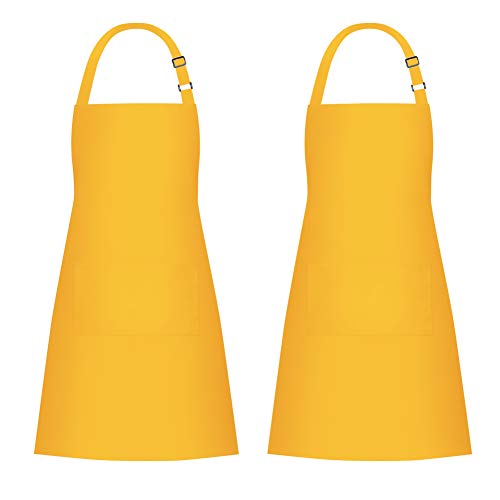 2 Pack Bib Aprons with 2 Pockets Cooking Chef Kitchen Apron for Women Men (Yellow)