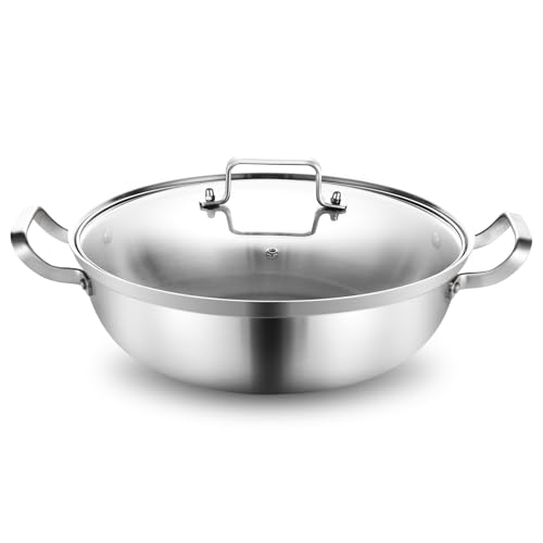Tri Ply Stainless Steel Hot Pot 14 inch Everyday pan With lid (Silver / 7 Quarts)