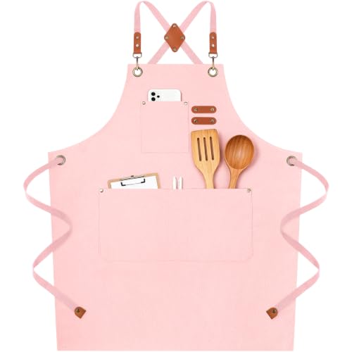 Chef Aprons for Men Women with 4 Pockets (Light Pink)
