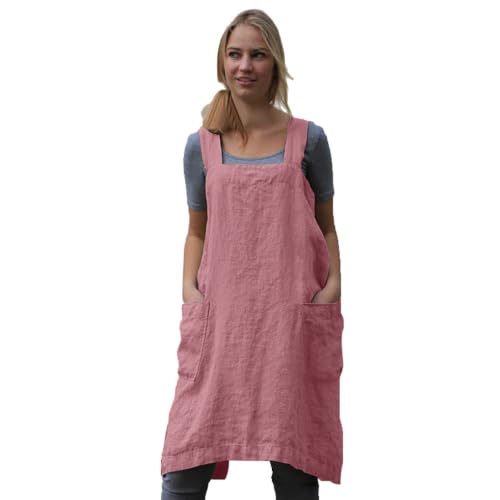 Women's Pinafore Square Apron Baking Cooking Gardening Works Cross Back Cotton (Small / Red Bean Pink)