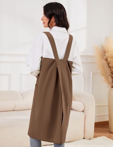 Women's Cotton Cross Back Pinafore with Big Pockets Practical Aprons for Gardening Works (Small / Brown)