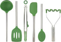 Silicone Cooking Utensil Set of 6 Stainless Steel Handle Ladle Slotted Turner Tongs Flex Core Spatula Scraper Mixing Spoon & Potato Masher (Pesto)