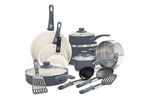 16 Piece Ceramic Nonstick Pots & Pans Cookware Set (16 Piece Cookware Set / Soft Grip / Gray)