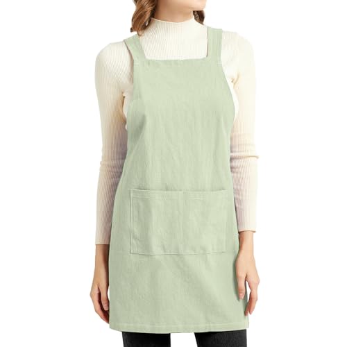 Aprons for Women with Pockets Plus Size Comfort Cross Back No Tie Cotton Linen Apron Pinafore (Lightgreen / Small)