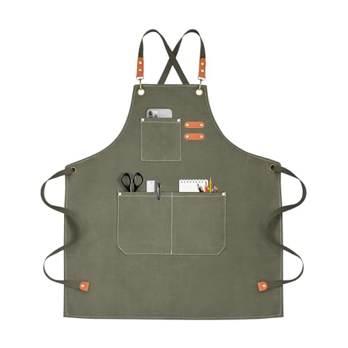 Chef Apron for Men Women Canvas Aprons with 3 Pockets Cross Back Resistant Work Apron for Cooking Grilling Baking BBQ Barber Kitchen (Olive)