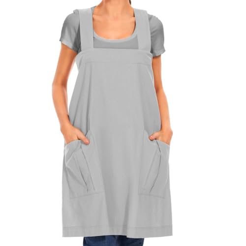 Women's Cotton Cross Back Apron Pinafore Dress with Big Pockets Loose Square Apron for Baking Cooking Gardening (Light Grey / Medium)