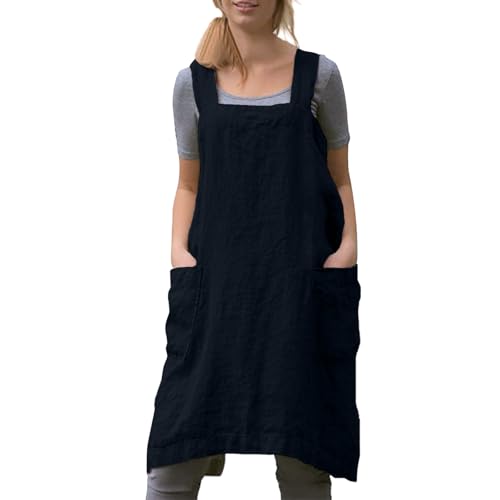 Women Apron with 2 Pockets Cotton Linen Kitchen Baking Cooking Chef Cross Back Pinafore Dress for Work Restaurant Gardening (XX-Large / Tibetan Blue)