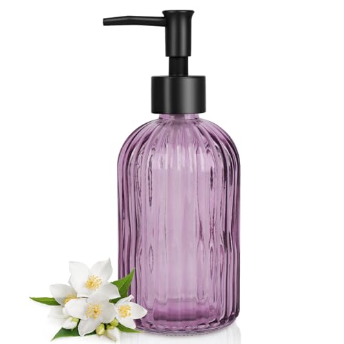 Stripe Glass Soap Dispenser with Black Plastic Pump (Plastic Pump / Purple)