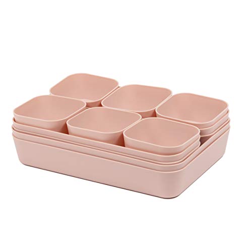 Set Of 12 Pink Color Plastic Desk Drawer Organizers For Makeup Bathroom Office Kitchen Vanity Drawer Storage Box Container (Pink)