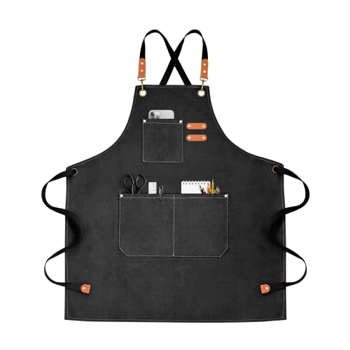Chef Apron for Men Women Canvas Aprons with 3 Pockets Cross Back Resistant Work Apron for Cooking Grilling Baking BBQ Barber Kitchen (Pure Black)