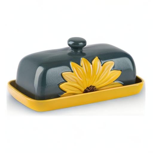 Ceramic Sunflower Covered Butter Dish With Lid Yellow Tray Green Lid Keeper