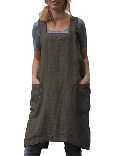 Women's Cotton Cross Back Pinafore with Big Pockets Practical Aprons for Gardening Works (XX-Large / Army Green)