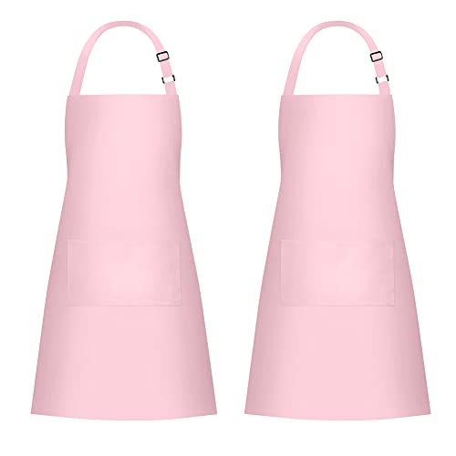 2 Pack 100% Cotton Aprons with 2 Pockets Cooking Chef Kitchen Adjustable Bib Apron for Women Men (Pink)