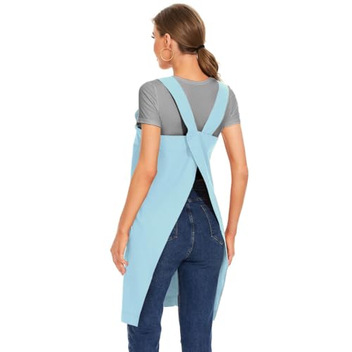 Women's Cotton Cross Back Apron Pinafore Dress with Big Pockets Loose Square Apron for Baking Cooking Gardening (Light Blue / Small)